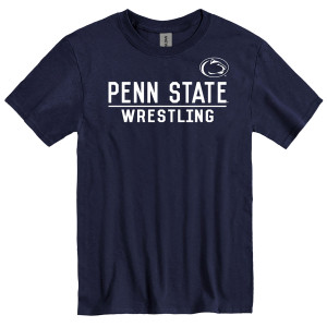 navy short sleeve t-shirt with white Athletic Logo and Penn State Wrestling
